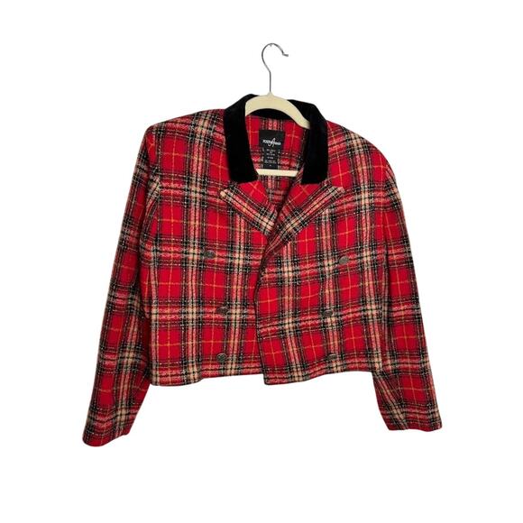 Positive Attitude Jackets & Blazers - Positive Attitude Red Tartan Plaid Cropped Blazer Velvet Collar Clueless Size 8